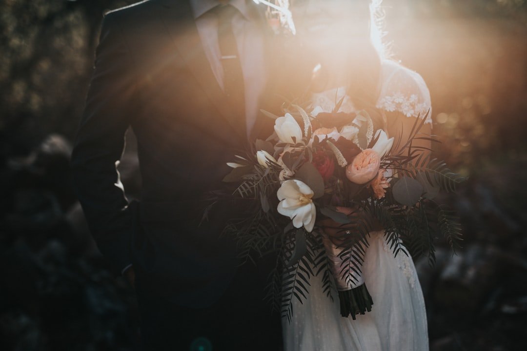 Bride and groom with bouquet